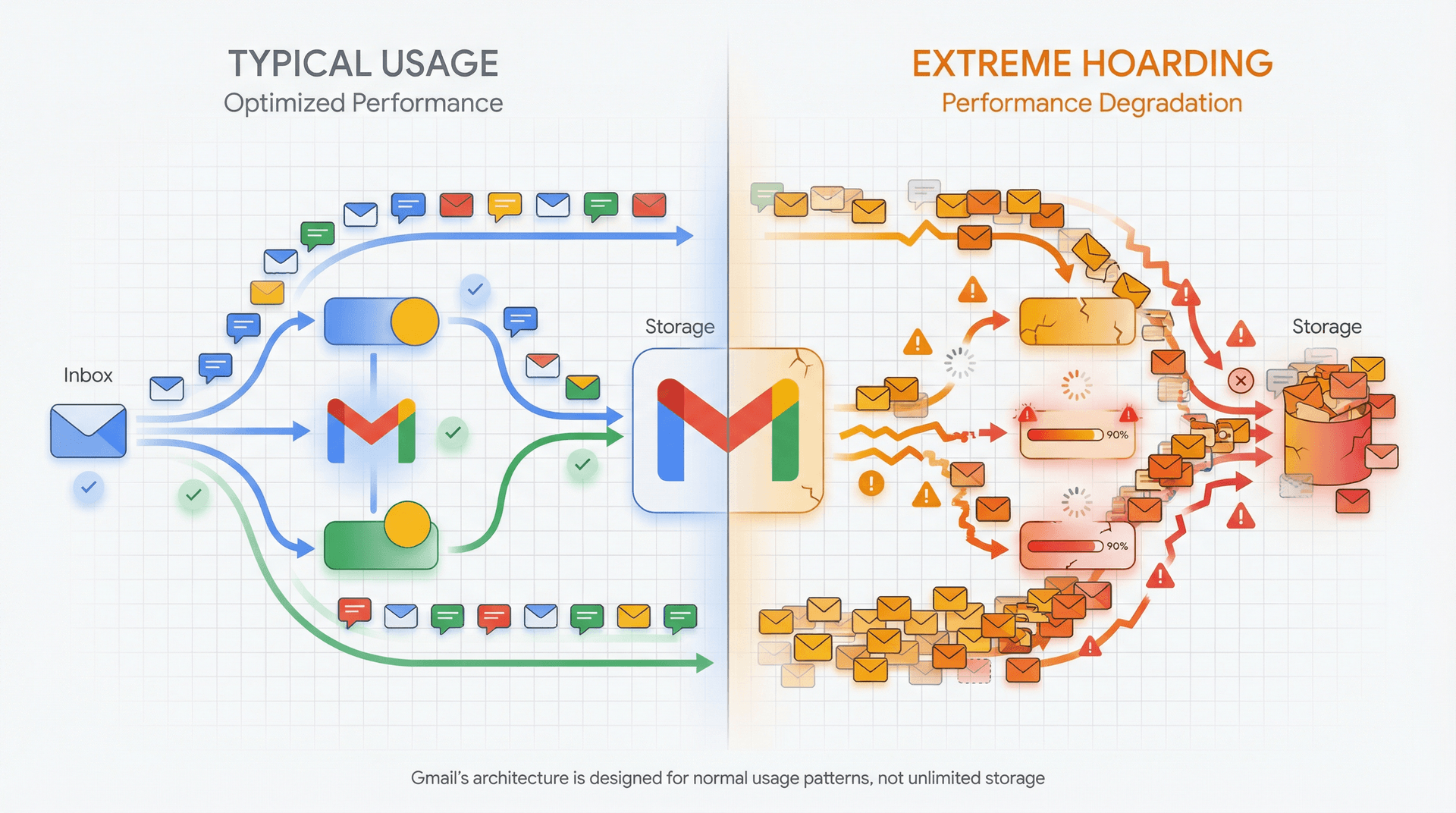 Editorial illustration comparing Gmail's smooth performance with typical usage versus strain from extreme email hoarding